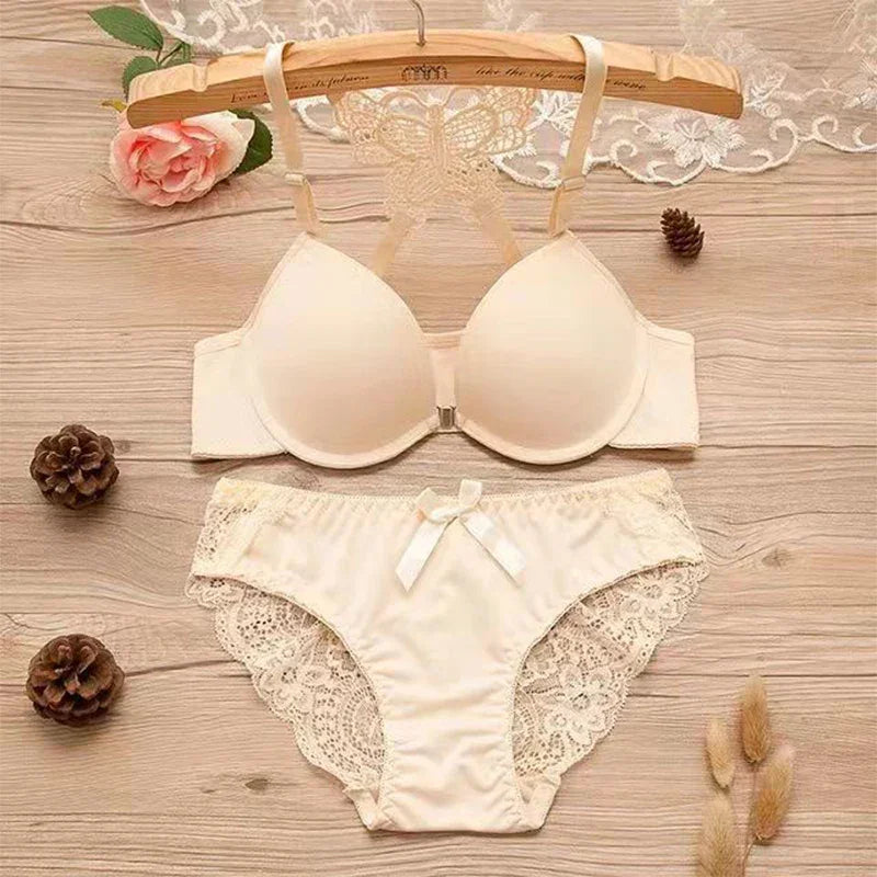 1 Piece Lace Stitching Bra  Panties Front Buckle Push Up Bra  Scallop Trim Panties Lingerie Set, Women's Lingerie  Underwear