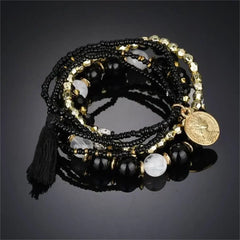 Bohemia Crystal Tassel Multicolor Beads Bracelets For Women Handmade Elastic Rope Charm Wrap Bracelet Summer Beach Party Jewelry