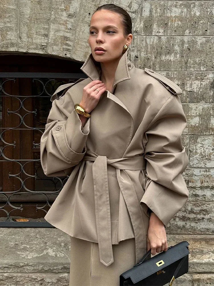 Women's Lace-up Cropped Trench Coat Chic Collar Long Sleeves Lapel Wide Shoulder Windbreaker Jacket Fall Commuting Daily Jackets