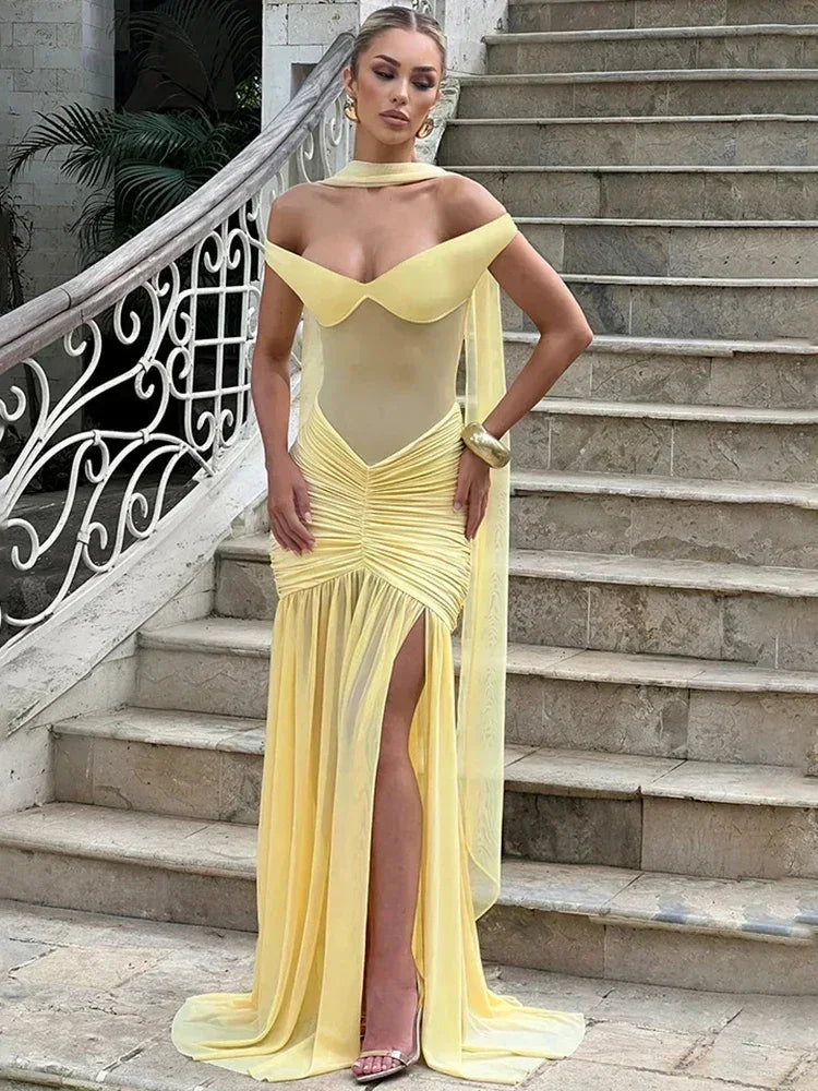 Mozision Off-shoulder Backless Sexy Maxi Dress Women Gown Halter Sleeveless Backless Thigh High Split Club Party Long Dress