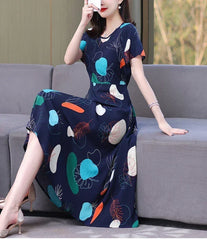 New Fashion Casual 2024 Summer Elegant Dresses For Women O-Neck Print Vintage Short Sleeve Dress Loose Women Clothing