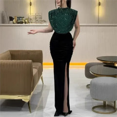 Lady Fashion Sleeveless Draped Split Dress Casual O Neck Sequin Splicing Party Dress 2025 New Year Elegant High Waist Long Dress