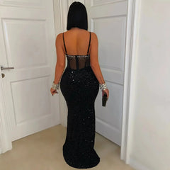 Long Dress Women Sexy Party Dresses Sling Bodycon Vestidos Streetwear Club Sequin Hot Drilling Elegant High Waist Y2k Evening