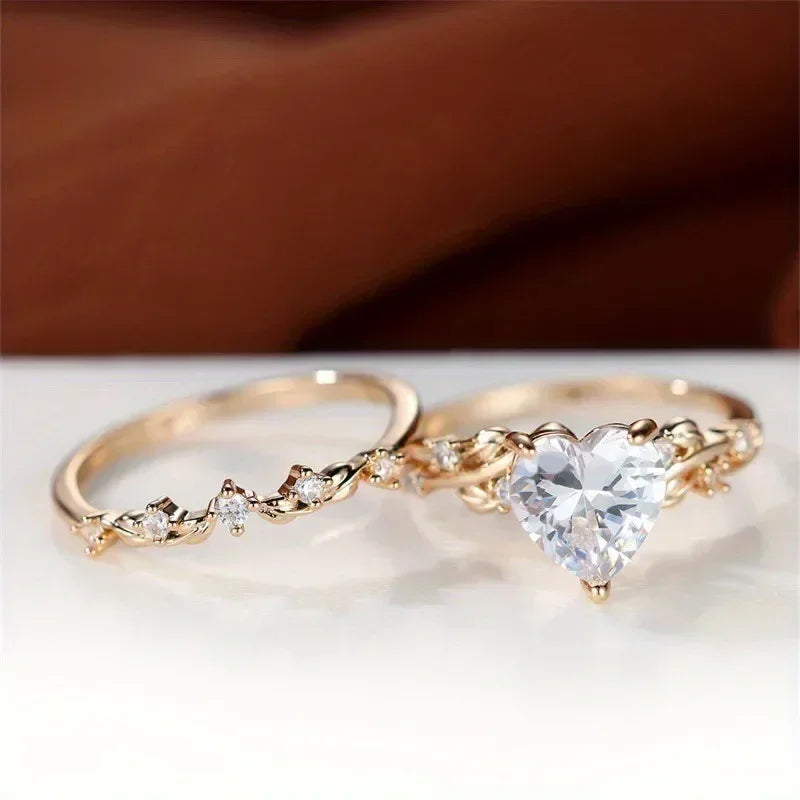 Heart Shaped Ring Set Green Black Red Stone Heart Ring Sets for Women Rose Gold Color White Zircon Wedding Bands Jewelry