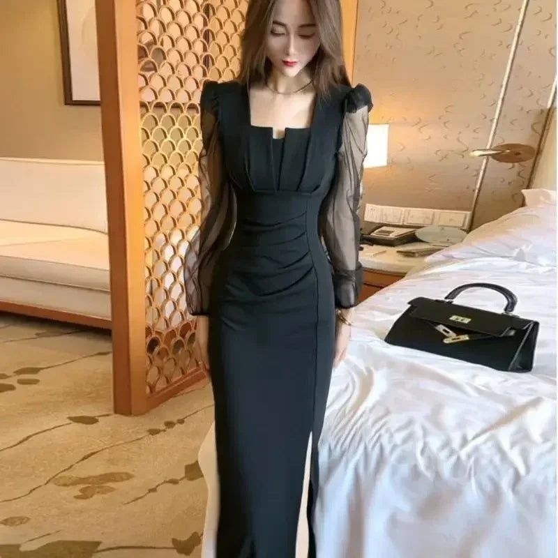 Gentle Temperament Slim Fit Dress with Women's Sleeves Square Neckline Pleated Solid Color Slimming Effect Medium Length Skirt