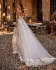 Fanan Spaghetti Straps Wedding Dress Tulle Appliques Customized Sexy Open Back Ruched Ivory Bridal Party Gown Vestidos De Novia
