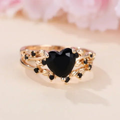 Heart Shaped Ring Set Green Black Red Stone Heart Ring Sets for Women Rose Gold Color White Zircon Wedding Bands Jewelry