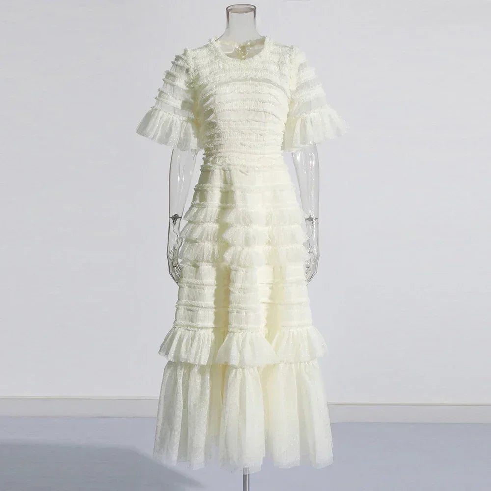 Patchwork Edible Tree Fungus Elegant Dresses For Women Round Neck Short Sleeve High Waist Temperament Dress Female Fashion