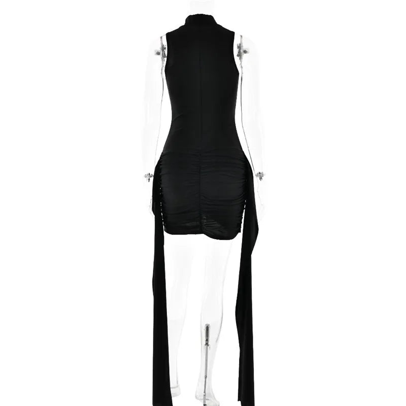 Turtleneck Sleeveless Mini Dress | Ruched Asymmetrical Party Dress - Femstylo