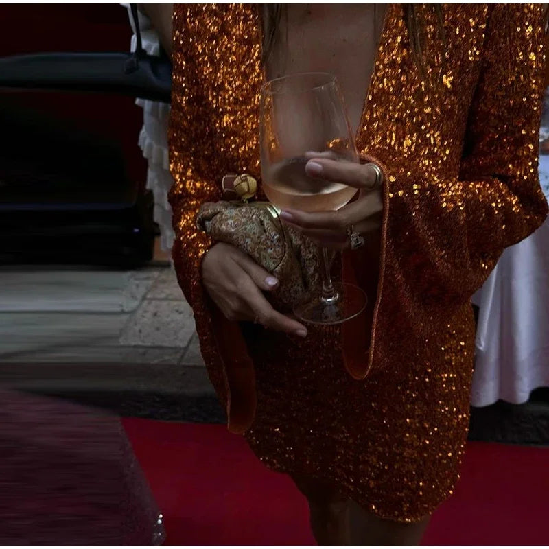 Sexy Hollow Out Mini Dress | Sequined Y2K Party Gown -femstylo