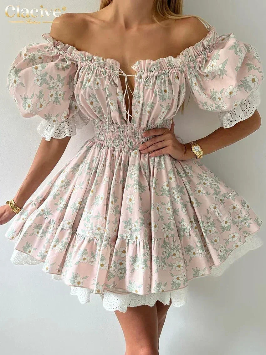 Clacive Summer Slim Print Women's Dress Fashion Slash Neck Short Sleeve Mini Dresses Elegant High Waist Patchwork Female Dress