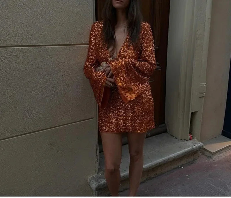 Sexy Hollow Out Mini Dress | Sequined Y2K Party Gown -femstylo