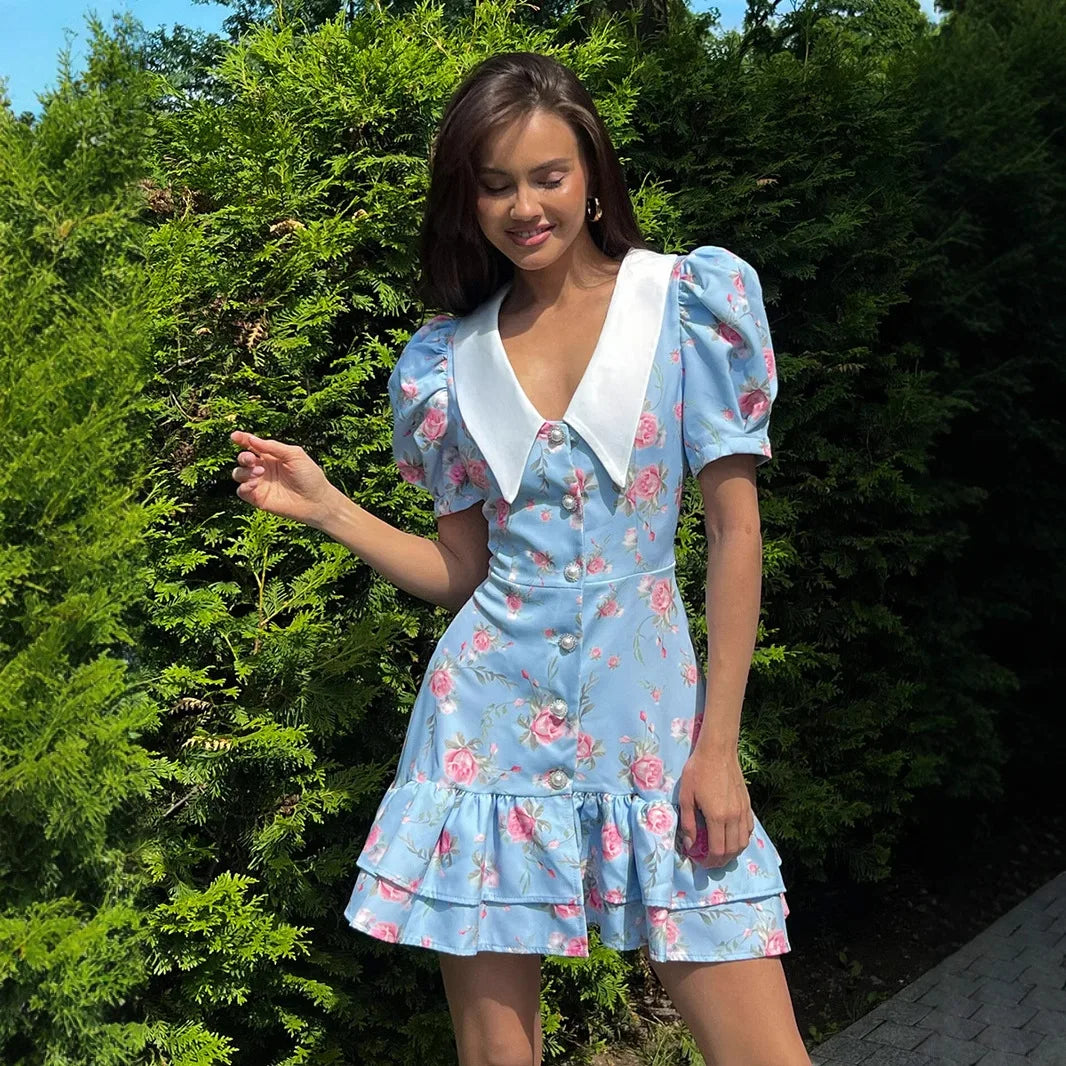 Puff Sleeve V-Neck Mini Dress | Printed Ruffled Pearl Button Dress - Femstylo