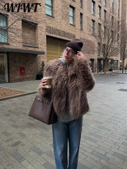 Warm Fluffy Faux Fur Cardigan Coats Women's Winter Turn-down Collar Full Sleeve Overcoat 2025 Autumn New Lady Solid Streetwear
