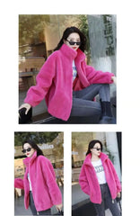 Women Winter Double Coral Fleece Warm Coat Stand Collar Plush Thick Overcoat Female Fashion Casual Long Sleeve Zipper Clothes