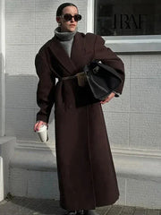 TRAF Women Fashion Solid Color Wool Lengthened Coat Elegant Warm Street Coat Autumn and Winter Retro Pocket Double-Breasted Coat