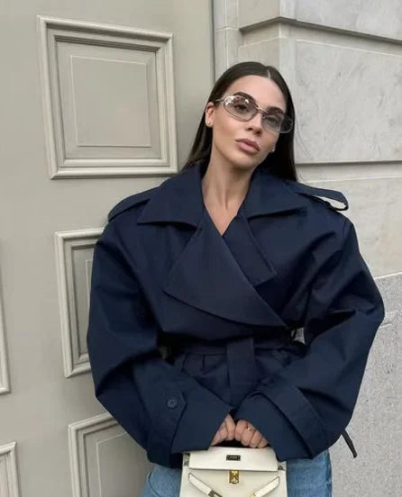 Women Lapel Lace Up Long Windbreaker Full Sleeve Shawl Waist Cinching Single Breasted Coats Lady Elegant Casual High Street Coat