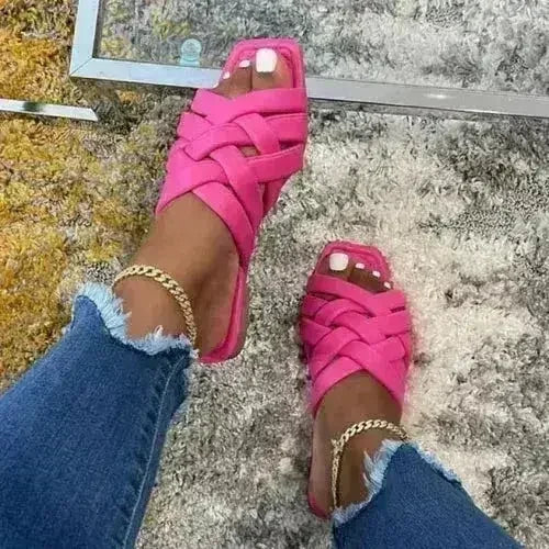 Summer Casual Outdoor Leather Flat Women Slippers Blue/Pink/Beige - Femstylo