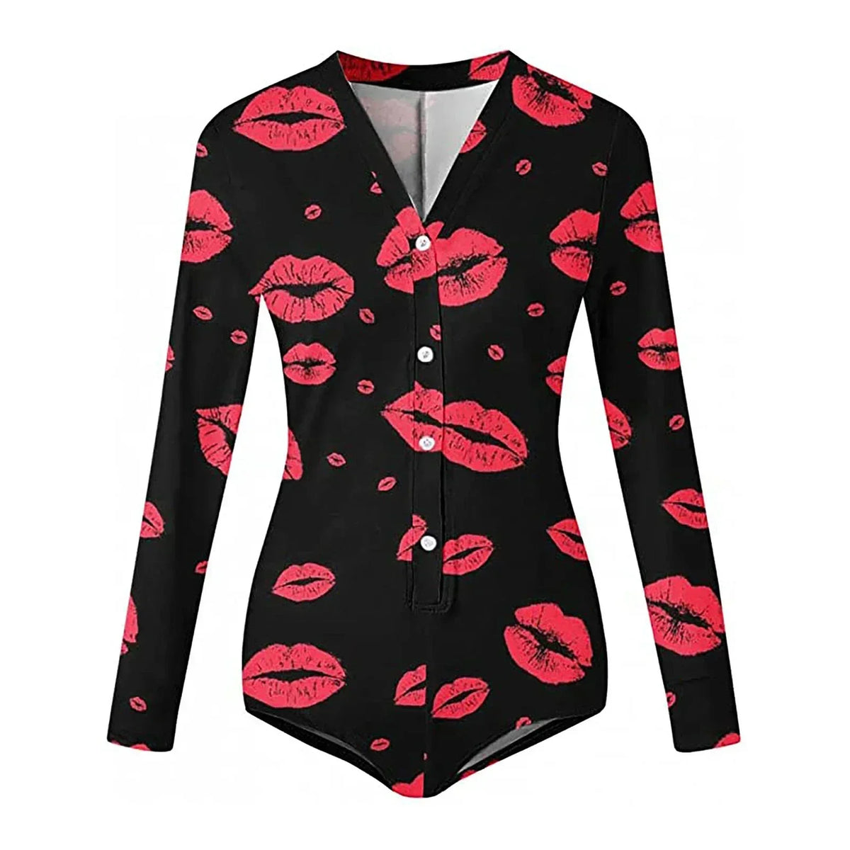 Women’s Long Sleeve Valentine Day Jumpsuit Bodycon V Neck Heart Lip Print Button Down Short Romper Indoor Sleepwear