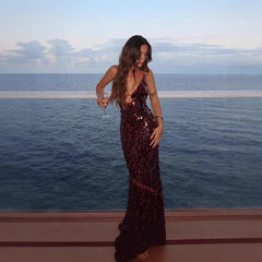 2025 Glitter Sequins Spaghetti Straps Women's Evening Dress Sleeveless Backless High Waist Floor Length Lady Birthday Party Gown