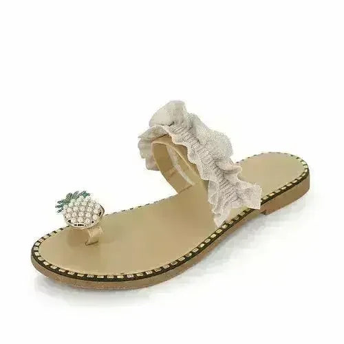 Pineapple Pearl Beach Slides Flat Toe Casual Womens Slippers - Femstylo