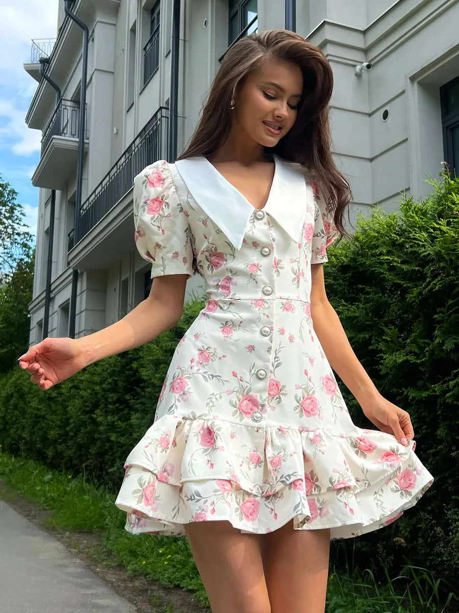 Puff Sleeve V-Neck Mini Dress | Printed Ruffled Pearl Button Dress - Femstylo