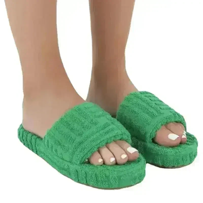 Thick Bottom Embossed Cotton Fur Women Slides - Femstylo