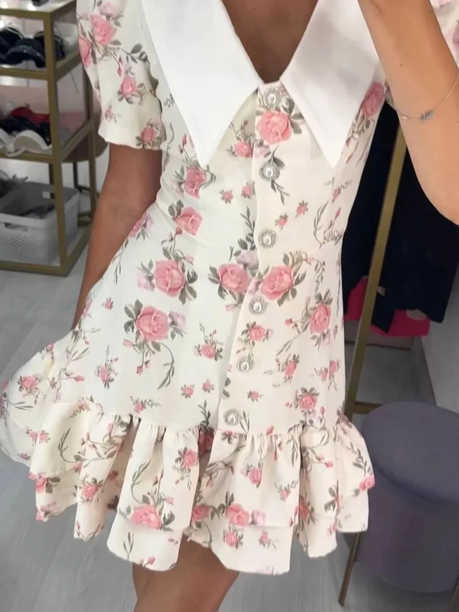 Puff Sleeve V-Neck Mini Dress | Printed Ruffled Pearl Button Dress - Femstylo