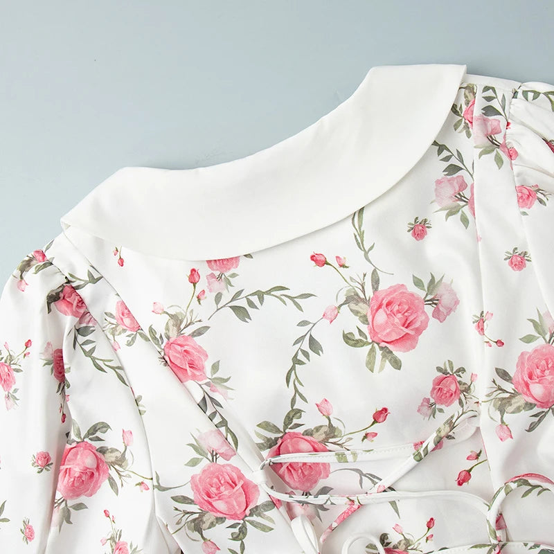 Puff Sleeve V-Neck Mini Dress | Printed Ruffled Pearl Button Dress - Femstylo