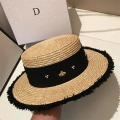 Summer Straw Hat 2024 New Flat Top French Straw Hat Elegant Women's Outdoor Vacation Sun Hat Summer Hat 모자 gorras beach