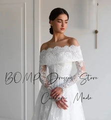 BOMP Elegant Lace Wedding Dress Sweetheart Off Shoulder Full Sleeves Sweep Train Ivory Bridal Gown Customized Robe De Mariée
