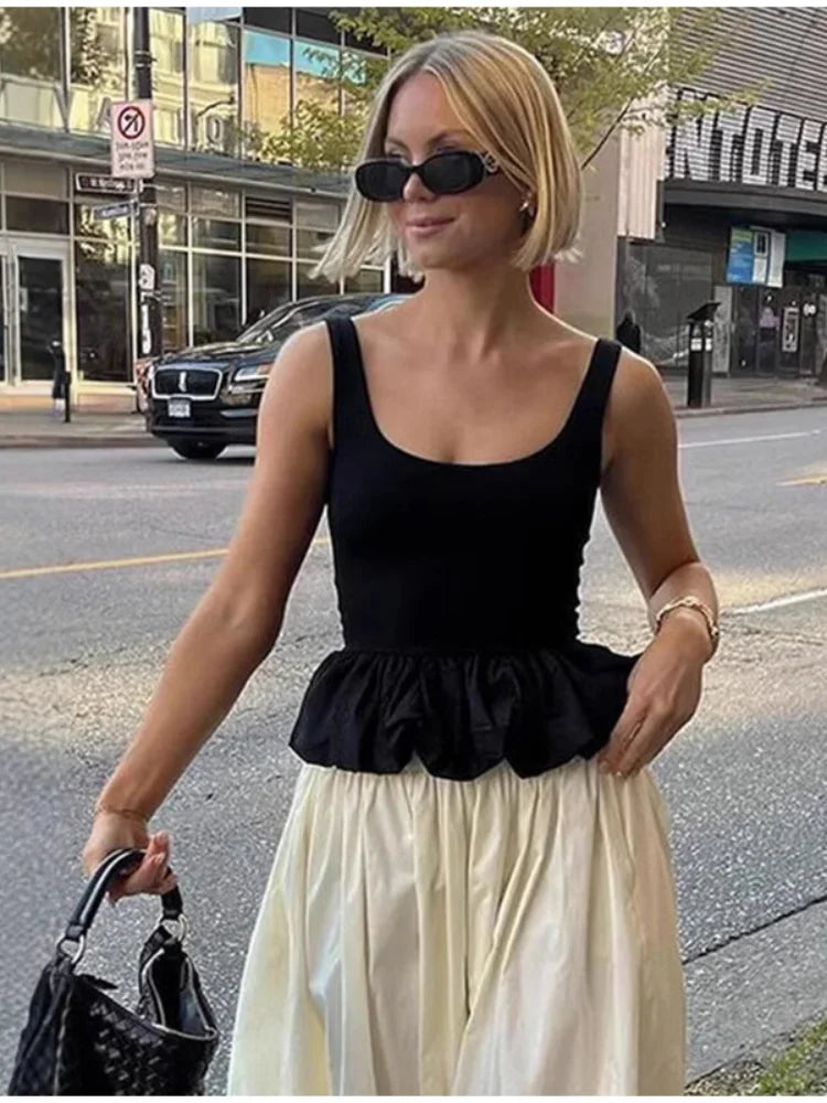 Fashion Contrast Women's V-neck Sling Long Dress For Women Elegant Pleated Backless Sleveless Maxi Dresses Lady Evening Vestidos