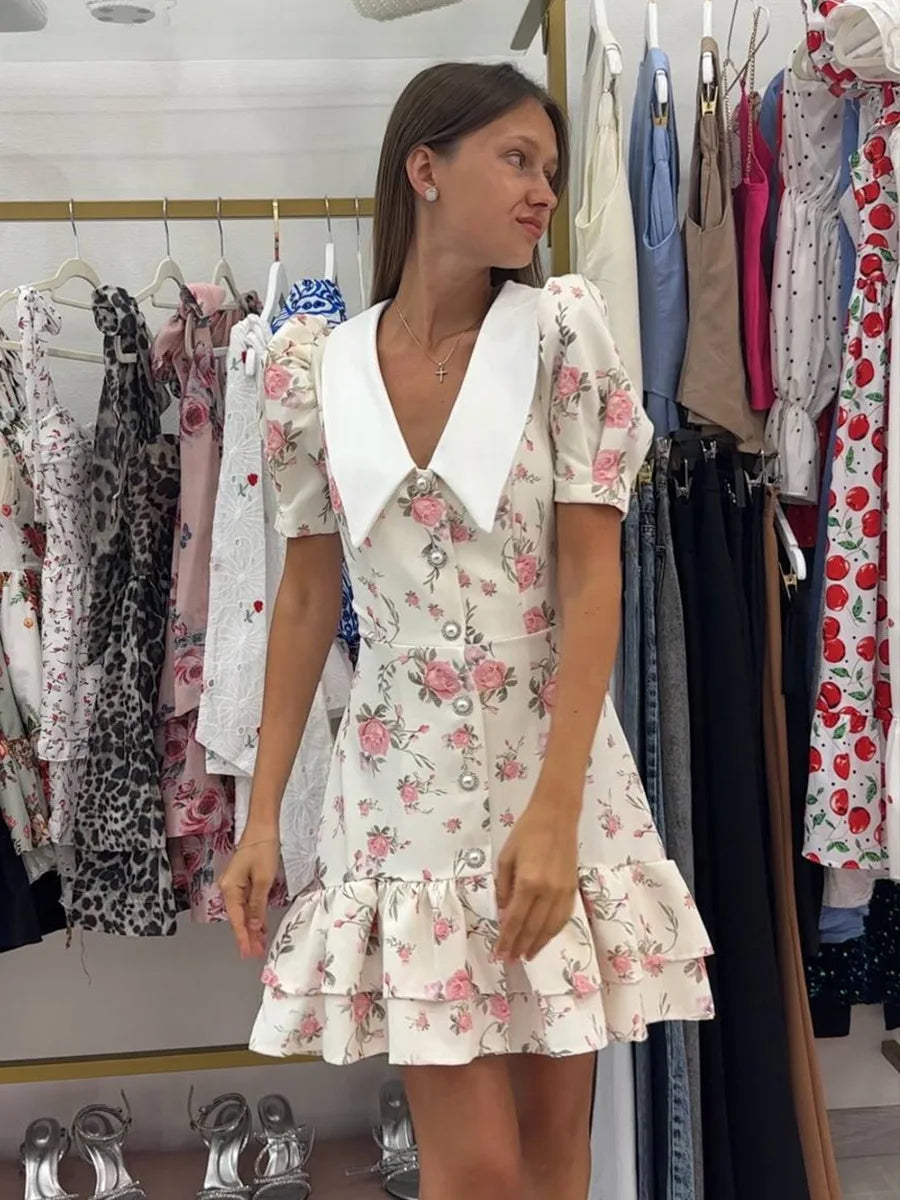 Puff Sleeve V-Neck Mini Dress | Printed Ruffled Pearl Button Dress - Femstylo