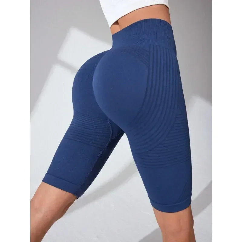 Women‘s Seamless Yoga Shorts High Waisted Striped Slim Shorts Sexy Butt Lifting Gym Trainning High Elastic Five Point Pants