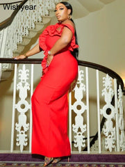 Sexy Night Sleeveless Off Shoulder Wooden Ear Edge Ruffles Bodycon Split Red Midi Dress Women Evening Birthday Party Vestidos