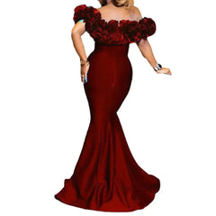Women Strapless Sleeveless Ruffles Slash Neck Trumper Mermaid Dress Long Evening Party Floor Length Dress Solid Color Sexy