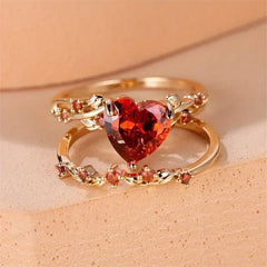Heart Shaped Ring Set Green Black Red Stone Heart Ring Sets for Women Rose Gold Color White Zircon Wedding Bands Jewelry