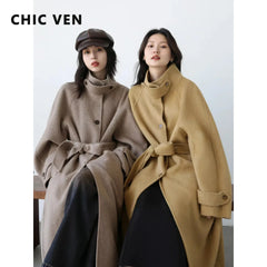 CHIC VEN Korean Women Woolen Coat Single Breasted Loose Stand Collar Belt Long Double-sided Ladies Overcoat Autumn Winter 2024