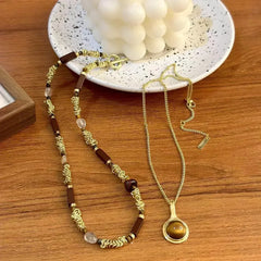 Autumn and Winter New Natural Stone Metal Splicing Bead Necklace for Women Double-layer Layered Collarbone Chain