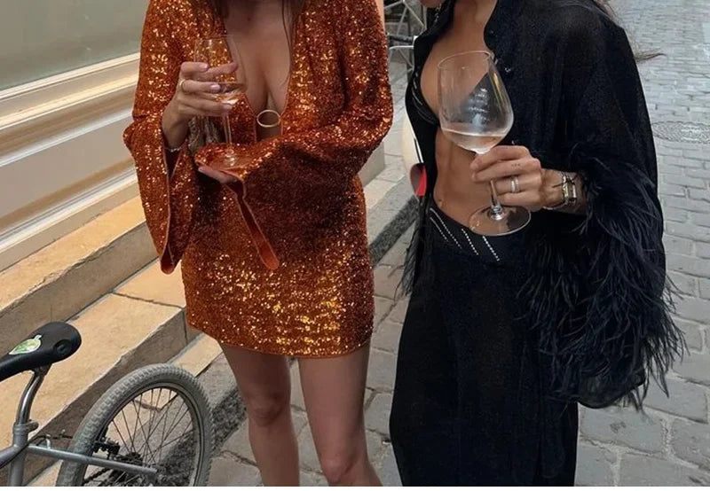 Sexy Hollow Out Mini Dress | Sequined Y2K Party Gown -femstylo