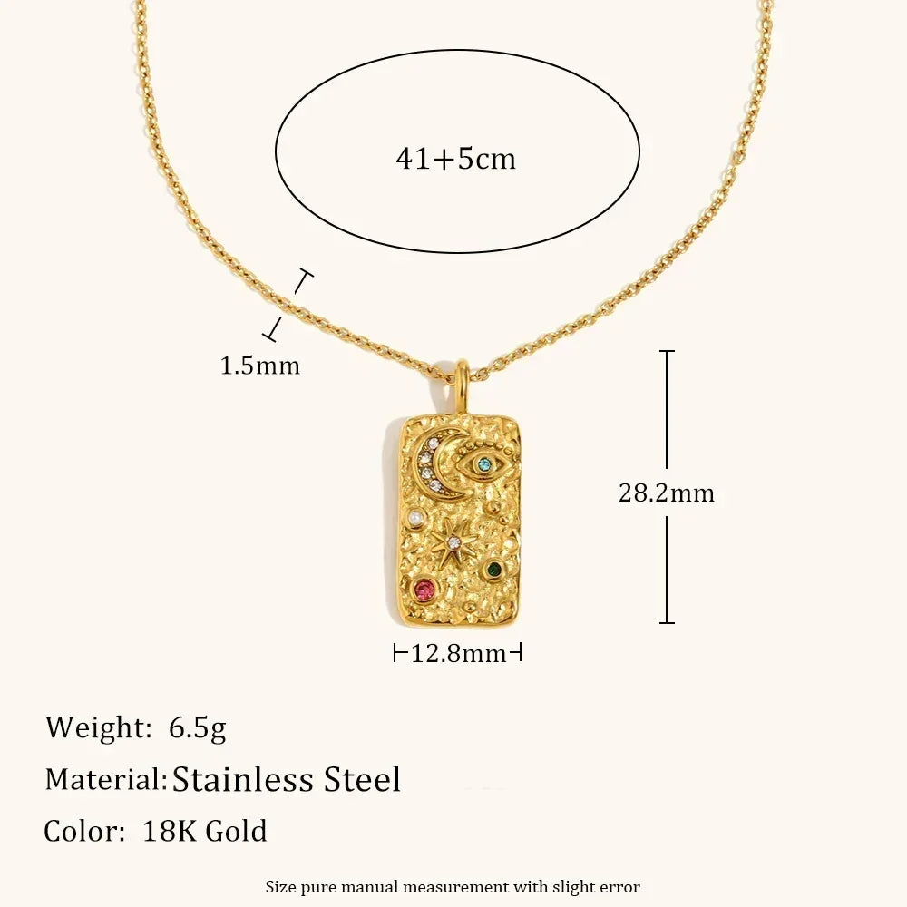 La. Muses Colored Cubic Zirconia Star Moon Texture Pendant Stainless Steel Retro Luxury Necklace Waterproof Jewelry Gift
