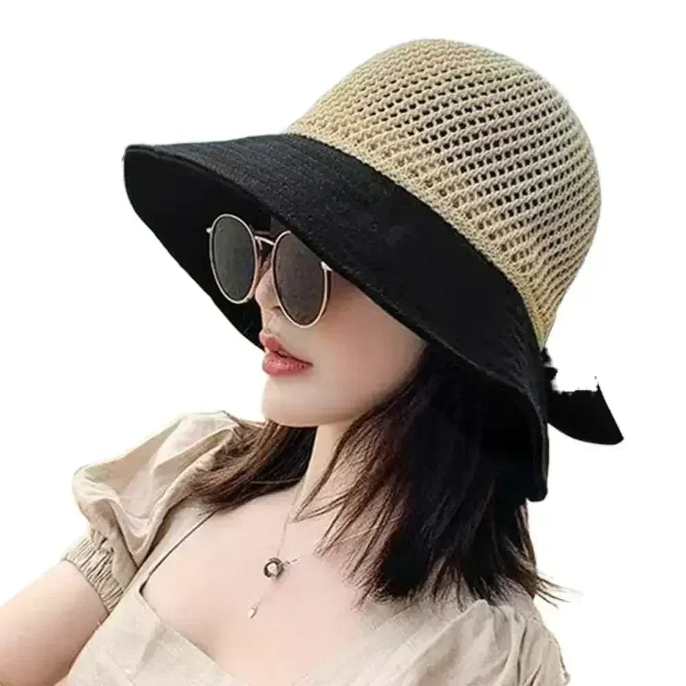 Summer Women Bucket Hat UV Protection Sun Hats Soft Foldable Wide Brim Outdoor Beach Hat Panama Cap Ponytail Cap