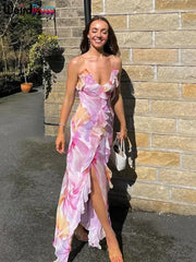 Weird Puss Flower Print Dress Woman Summer Strapless Splits Irregular Tassel Patchwork Backless Bandage Party Skinny Vestidos