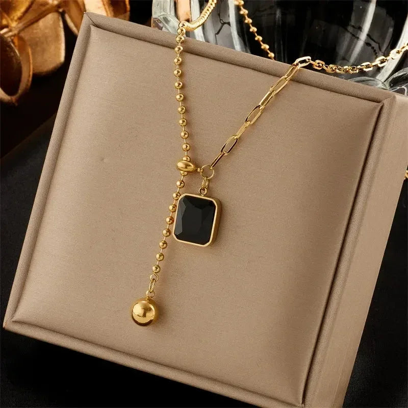 DIEYURO 316L Stainless Steel Zircon Necklace For Women Designer Gold Color Square Bead Pendant Necklaces Girls Body Jewelry Gift