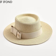 NEW Spring Summer Straw Hats for Women Round Bumpy Surface Flat Top Bowknot Dress Cap Travel Beach Sun Hat Gorra