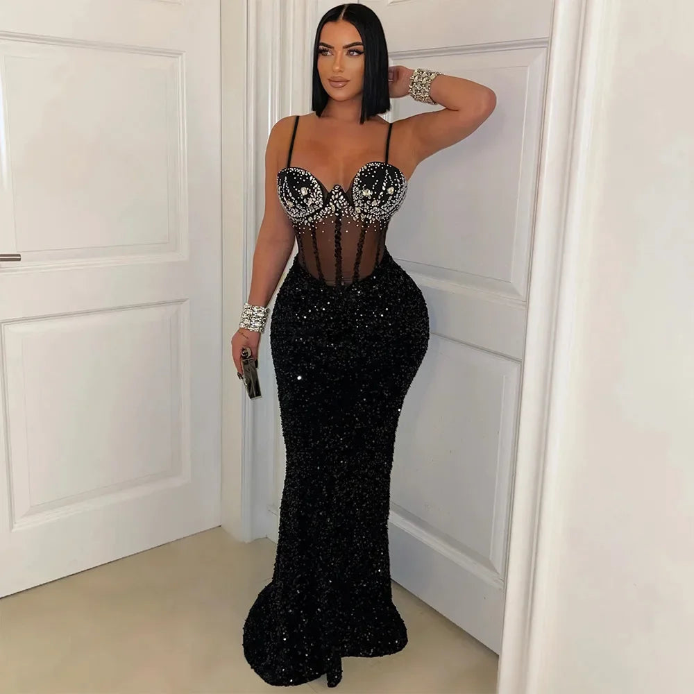 Long Dress Women Sexy Party Dresses Sling Bodycon Vestidos Streetwear Club Sequin Hot Drilling Elegant High Waist Y2k Evening