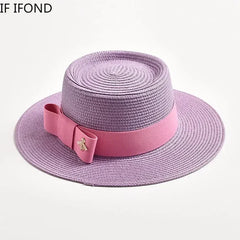 NEW Spring Summer Straw Hats for Women Round Bumpy Surface Flat Top Bowknot Dress Cap Travel Beach Sun Hat Gorra