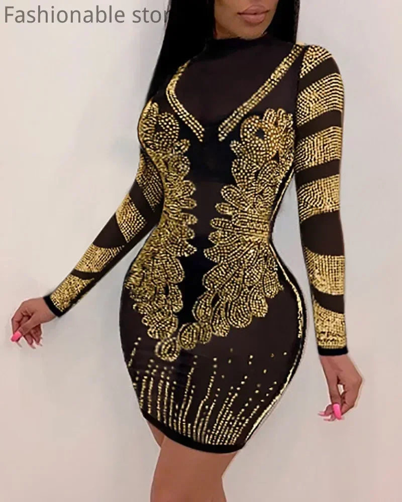 Women Sexy Solid Color Sheer Mesh Rhinestone Design Bodycon Nightclub Party Dress