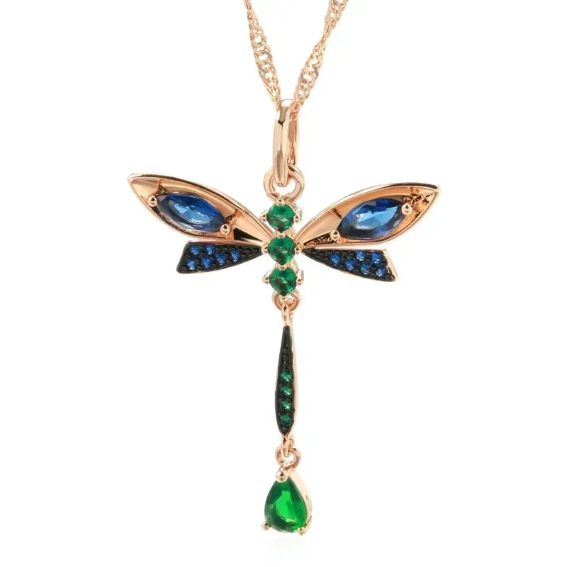 Kinel Hot Blue Natural Zircon Dragonfly Pendant Necklace For Women 585 Rose Gold and Black Plating Vintage Daily Fine Jewelry