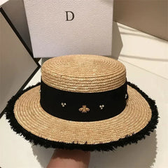 Summer Straw Hat 2024 New Flat Top French Straw Hat Elegant Women's Outdoor Vacation Sun Hat Summer Hat 모자 gorras beach